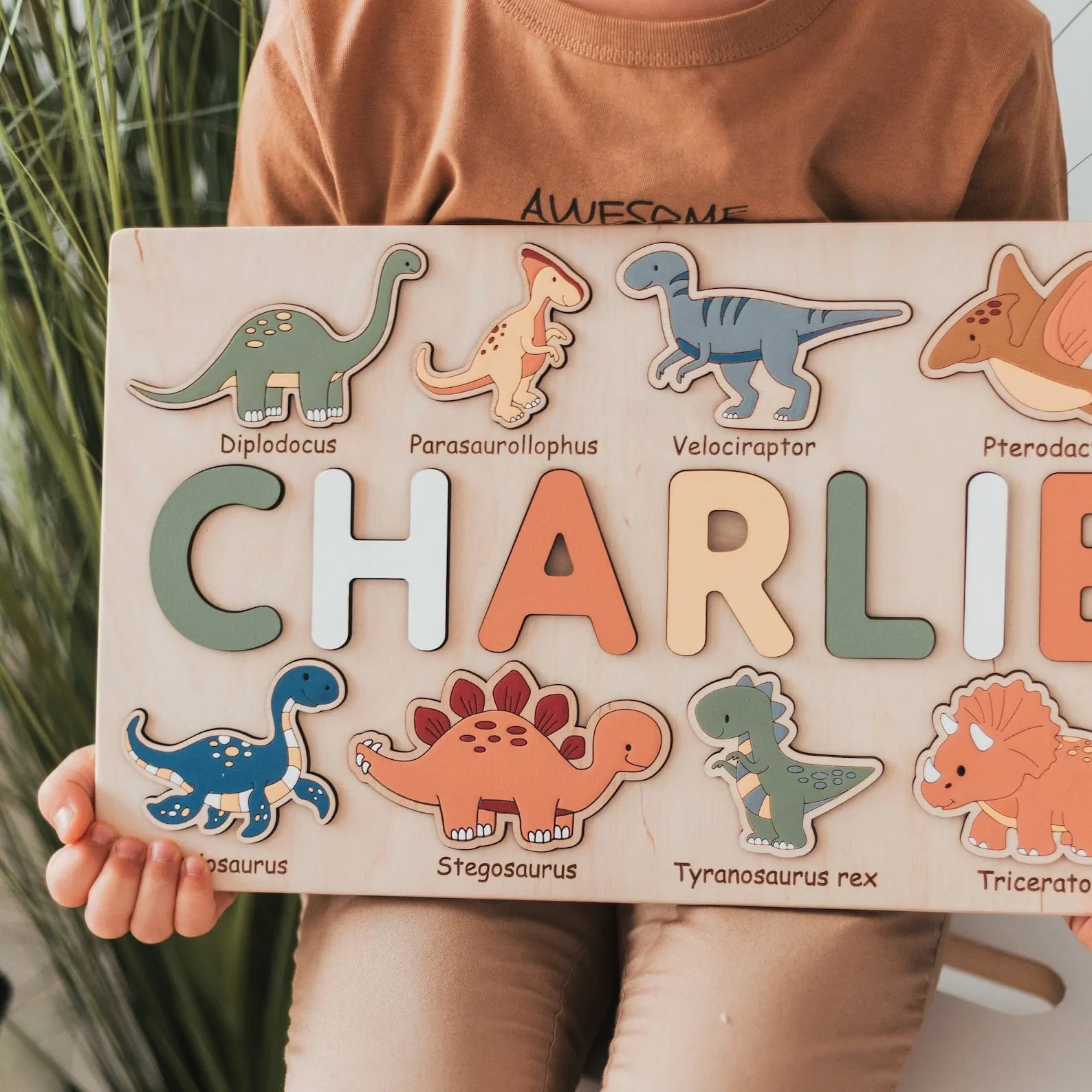 Personalized Dinosaur Name Puzzle Montessori Wooden Toy for Kids
