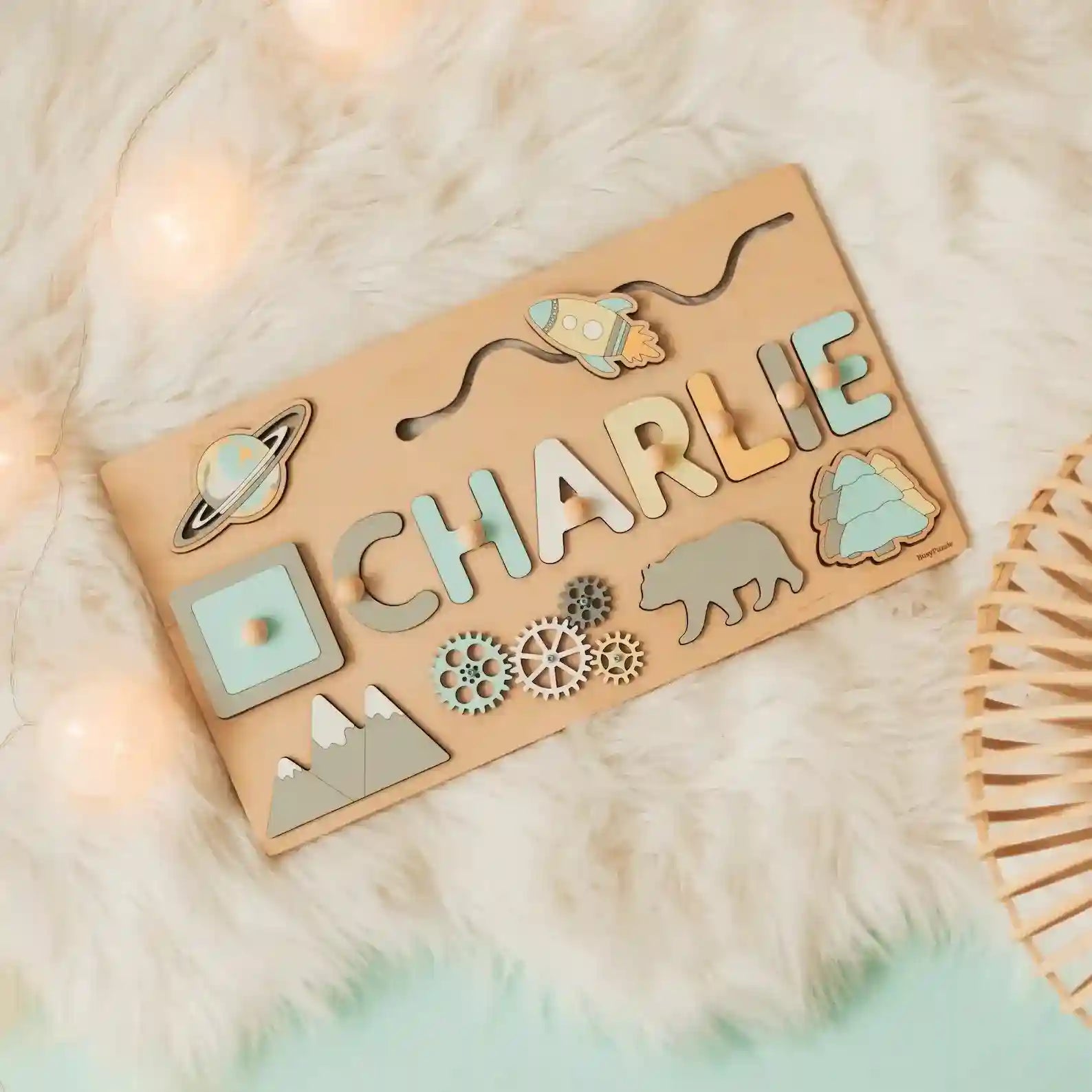 Montessori wooden busy board for toddlers with colorful sensory elements