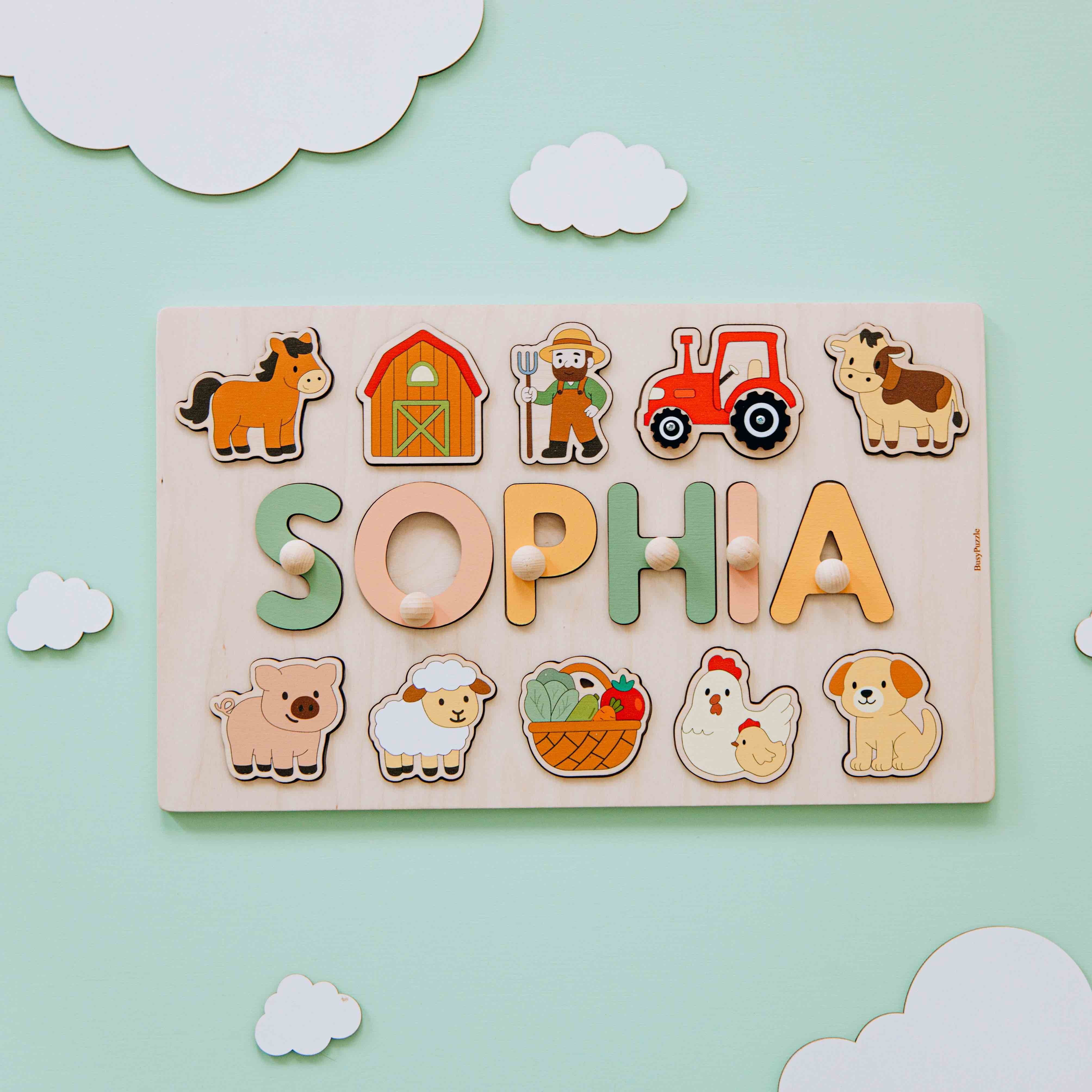Personalized Farm Name Puzzle with Tractor and Animals – Wooden Montessori Toy for Toddlers and Kids Montessori Toys for Kids Busypuzzle