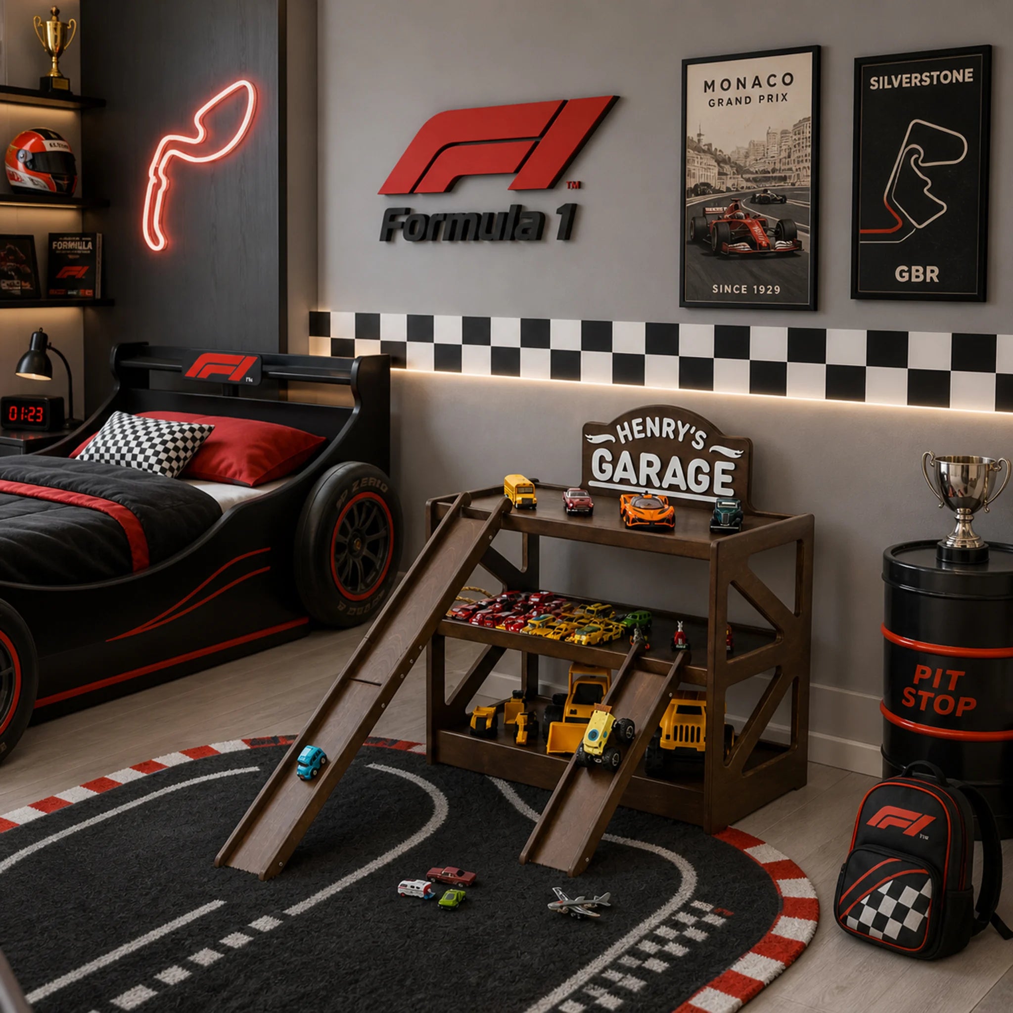 Personalized Wooden Toy Car Garage with Ramps & Storage Shelf Nursery Furniture Busypuzzle
