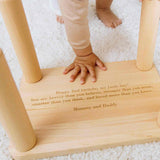 Engraved bottom of personalized wooden step stool – custom message example