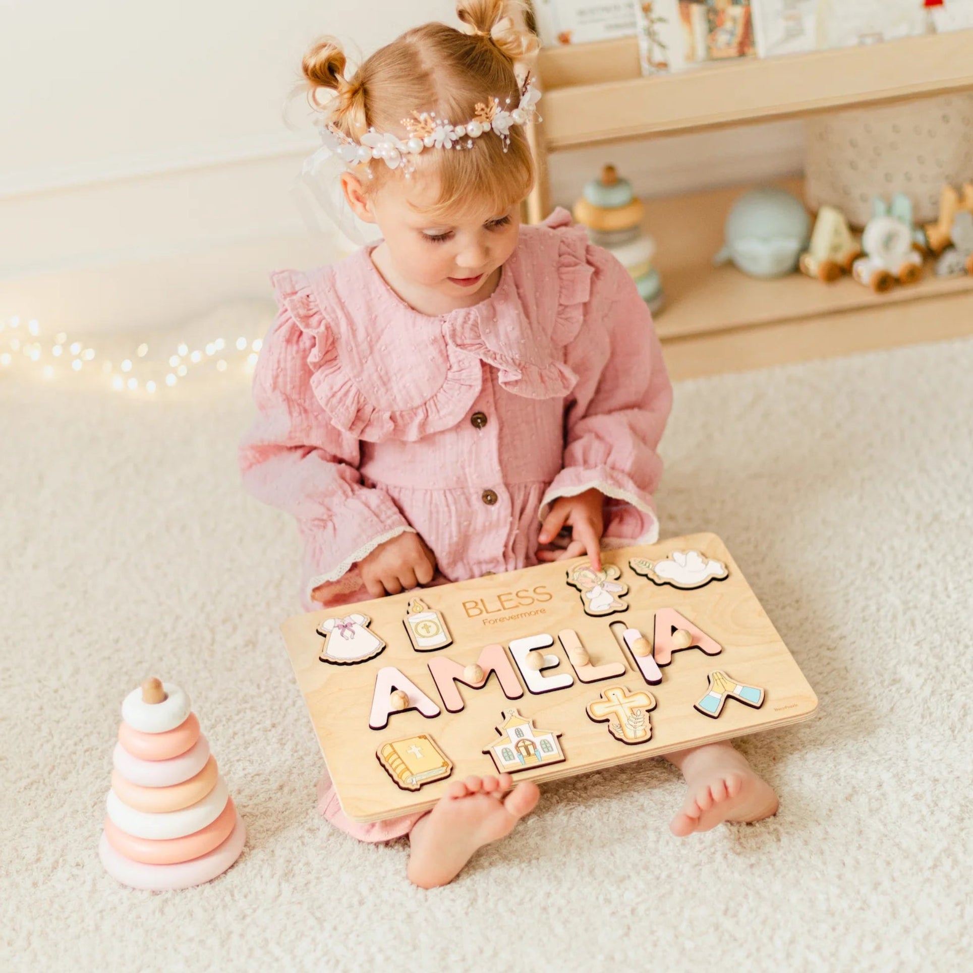 Personalized Baptism Gift for Baby Girl – Custom Wooden Name Puzzle Board with Christian Elements  Busypuzzle