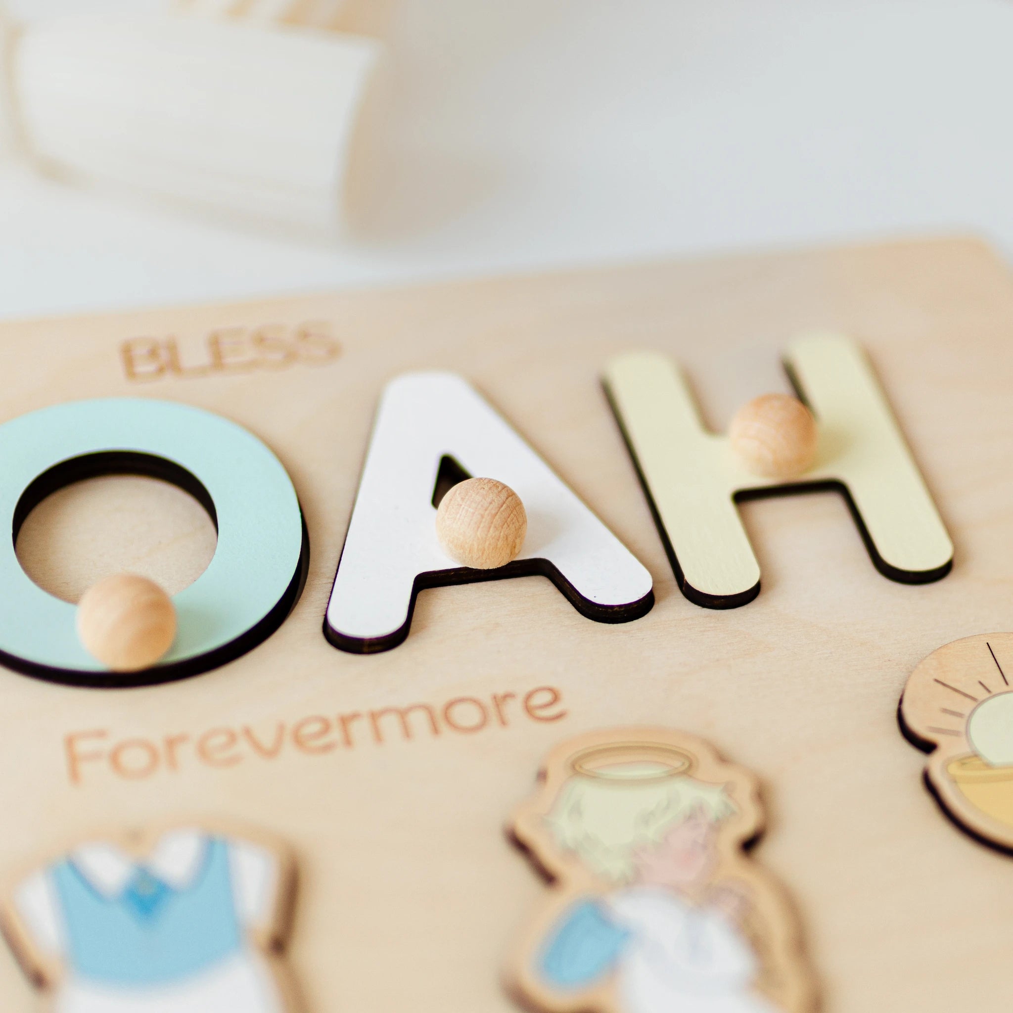 Personalized Baptism Gift for Baby Boy – Custom Wooden Name Puzzle Board with Christian Elements  Busypuzzle