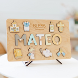 Wooden name plaque with decorative elements and 'BLESS Forevermore' text on a stand.