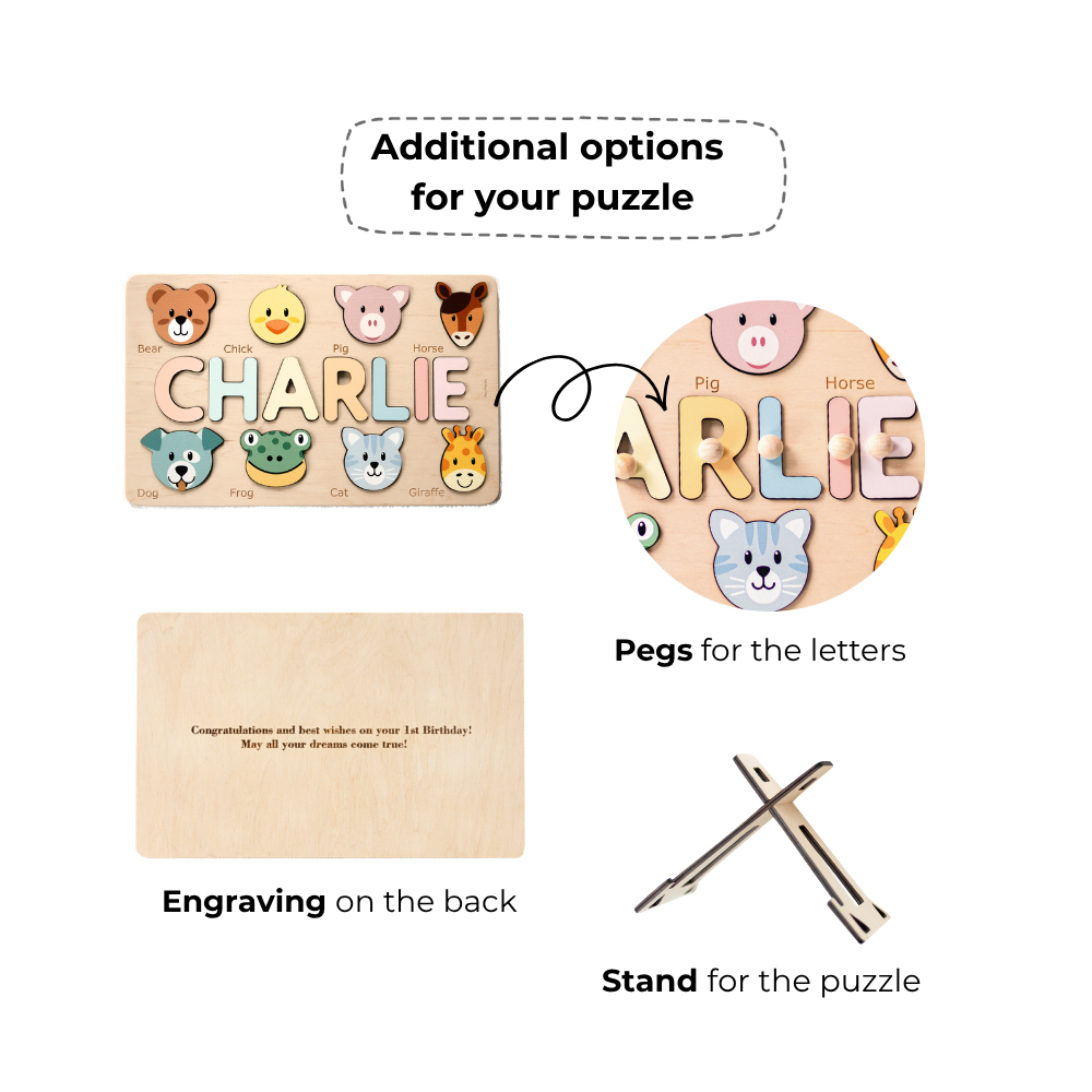 Personalized Wooden Name Puzzle with Animals - Custom Montessori Toddler Gift Wooden Name Puzzles Busypuzzle