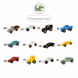 Set of small toy cars with model codes on a white background