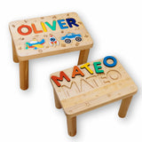 Two wooden stools with colorful name puzzles on a white background
