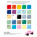 Color swatch for selecting a custom car color with a pink toy truck at the bottom.