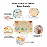 Busy puzzle with features highlighted on a white background