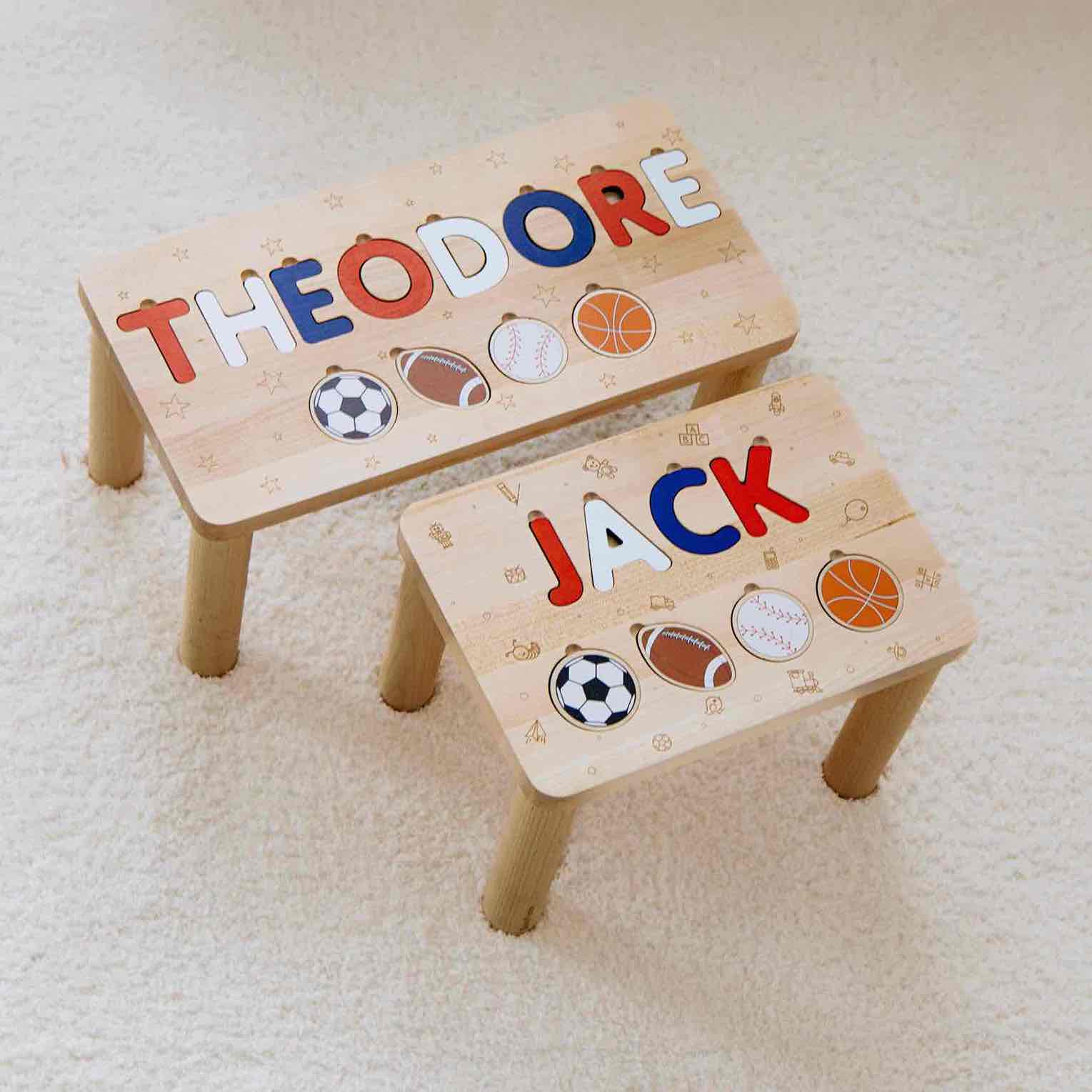 Montessori-inspired step stool for toddlers in natural wood with engraved personalization