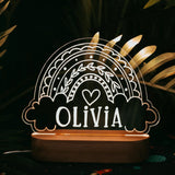 A night light in shape of rainbow with custom name on a dark background.