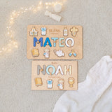 Wooden name puzzles for 'Mateo' and 'Noah' with religious icons on a light background.