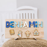 Personalized Baby Baptism Gift – Custom Wooden Name Puzzle Board, Christening Keepsake for Newborn