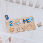 Personalized Baptism Gift for Baby Boy – Custom Wooden Name Puzzle Board with Christian Elements  Busypuzzle
