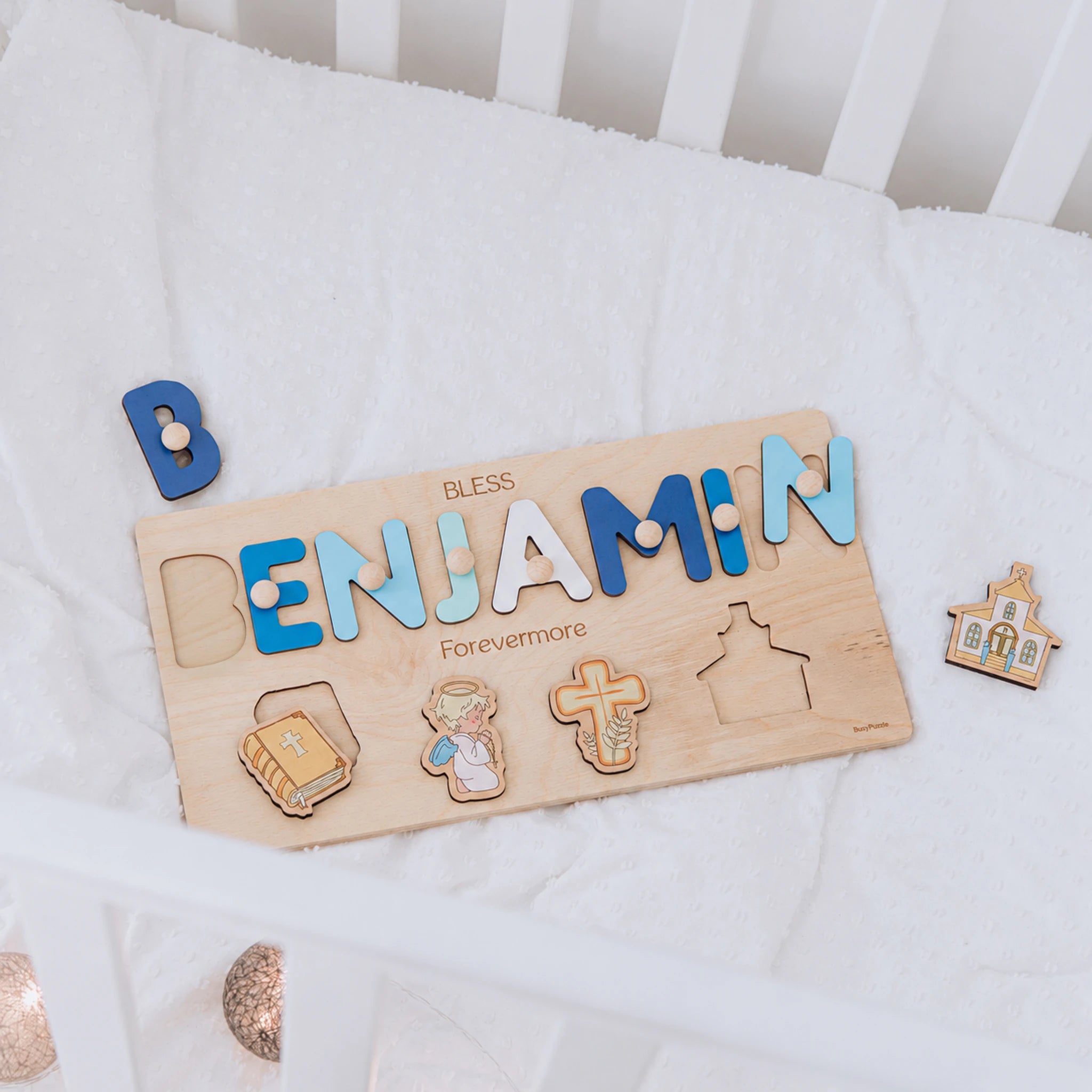 Personalized Baptism Gift for Baby Boy – Custom Wooden Name Puzzle Board with Christian Elements  Busypuzzle