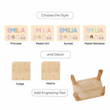 Personalized nameplate customization options with different styles and decor elements on a white background.