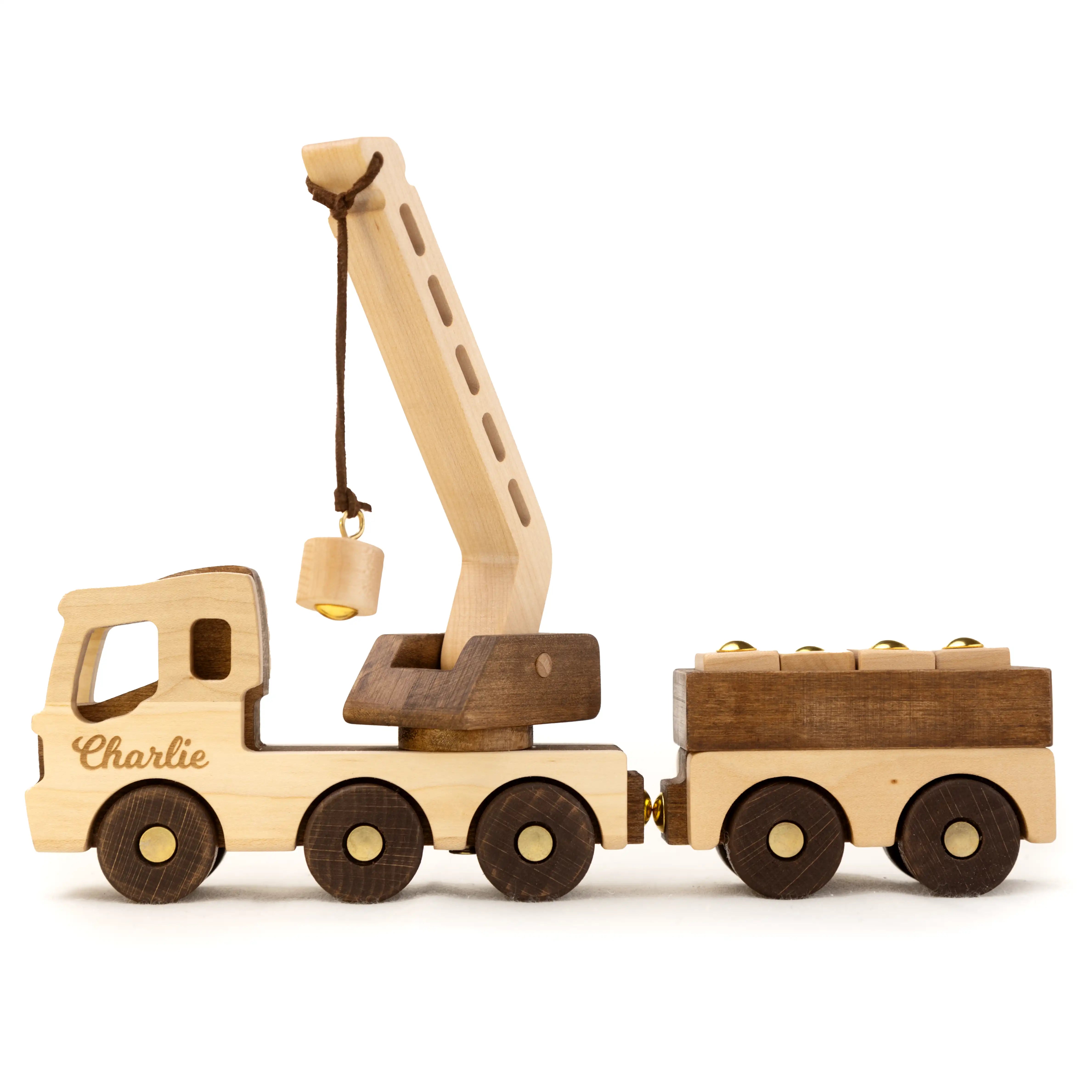 Wooden toy crane truck with custom name on a white background