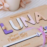Custom wooden name puzzle with engraved flower girl proposal and pink wand detail