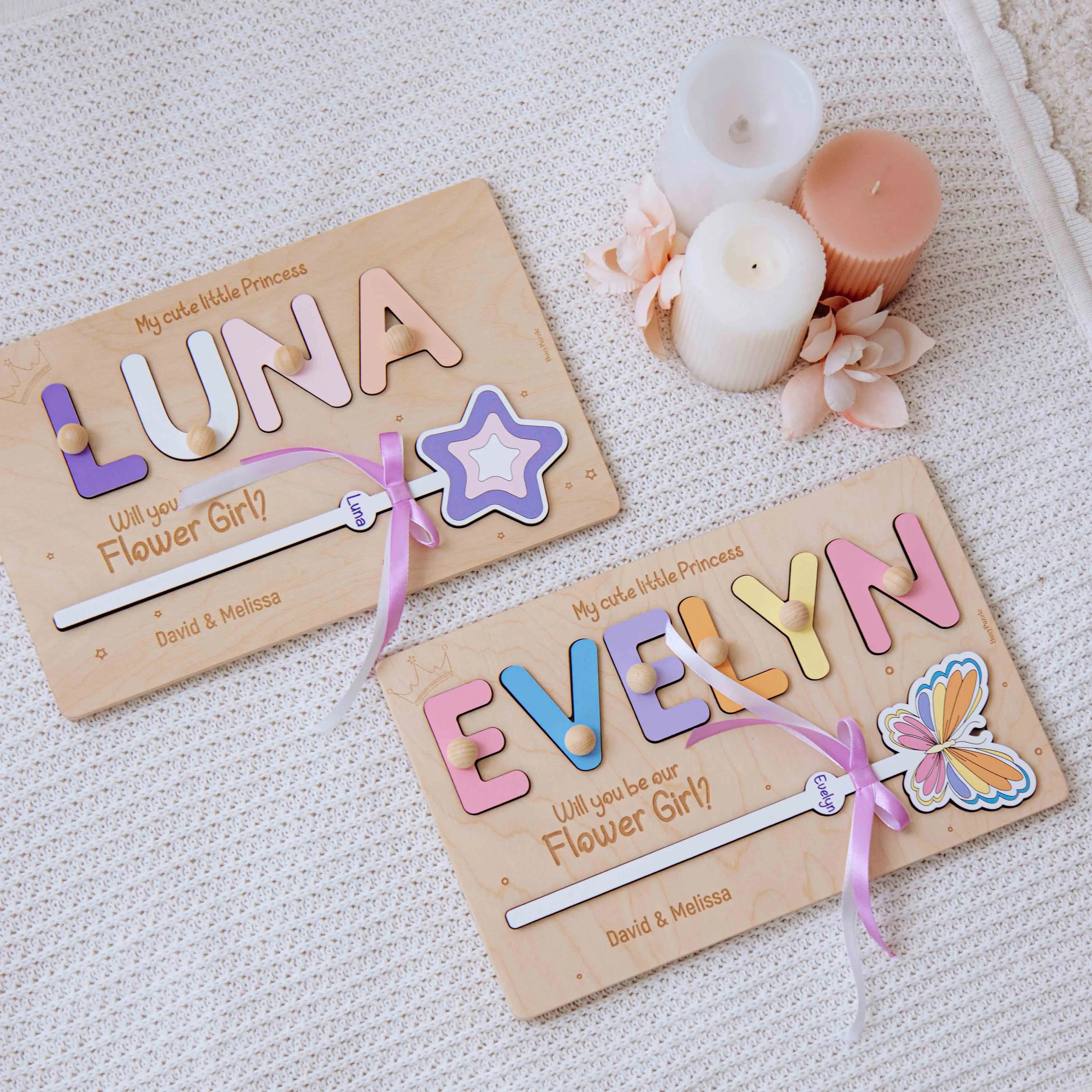 Personalized flower girl name puzzle with magic wand in pastel colors – custom wooden toy for girls