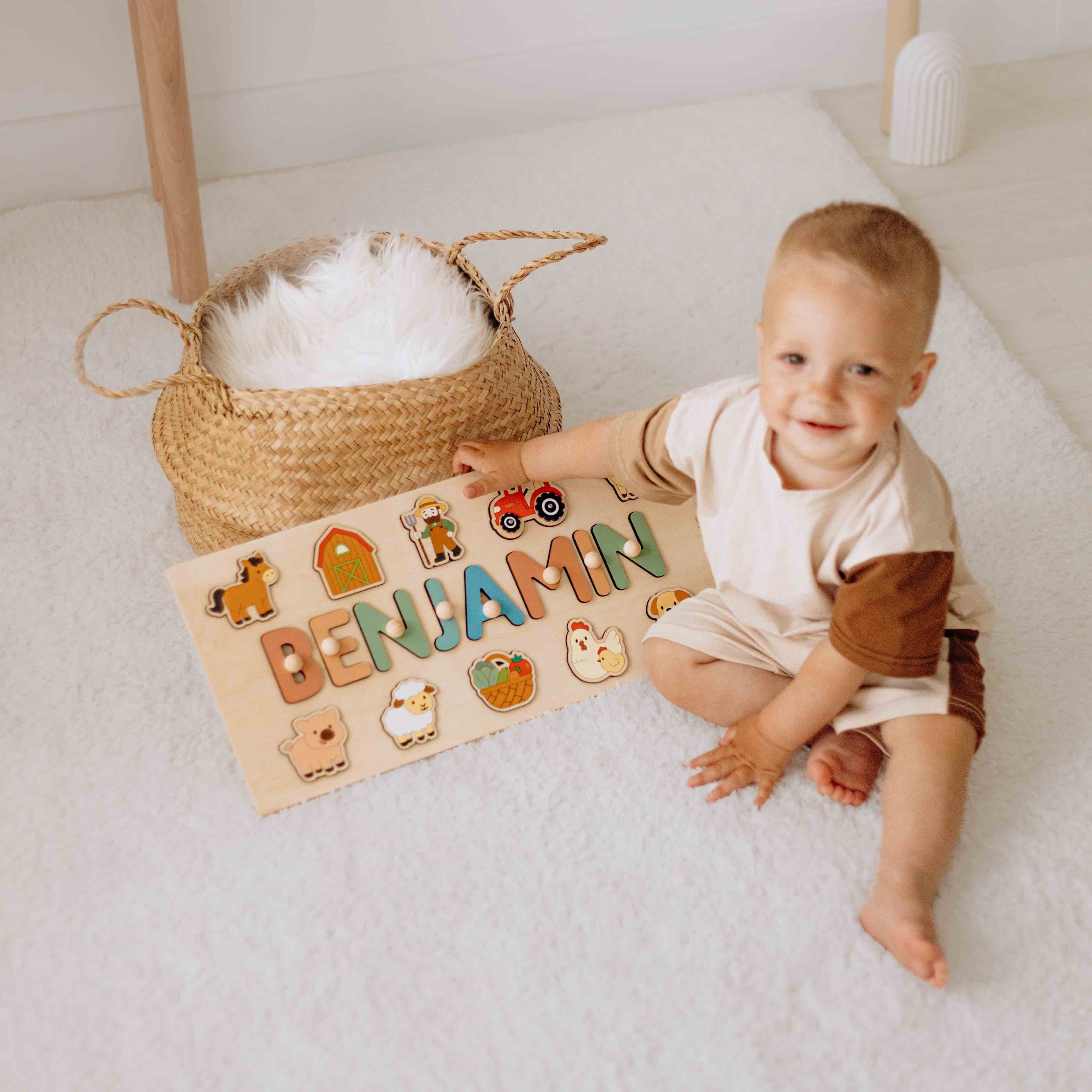 Personalized Farm Name Puzzle with Tractor and Animals – Wooden Montessori Toy for Toddlers and Kids Montessori Toys for Kids Busypuzzle