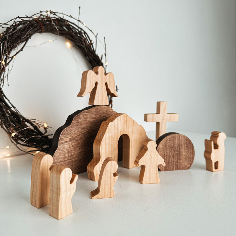 Handcrafted wooden Resurrection Scene depicting the empty tomb and angel, perfect for Easter decor