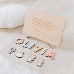 Personalized Baptism Gift for Baby Girl – Custom Wooden Name Puzzle Board with Christian Elements  Busypuzzle