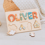 Personalized Baptism Gift for Baby Boy – Custom Wooden Name Puzzle Board with Christian Elements  Busypuzzle