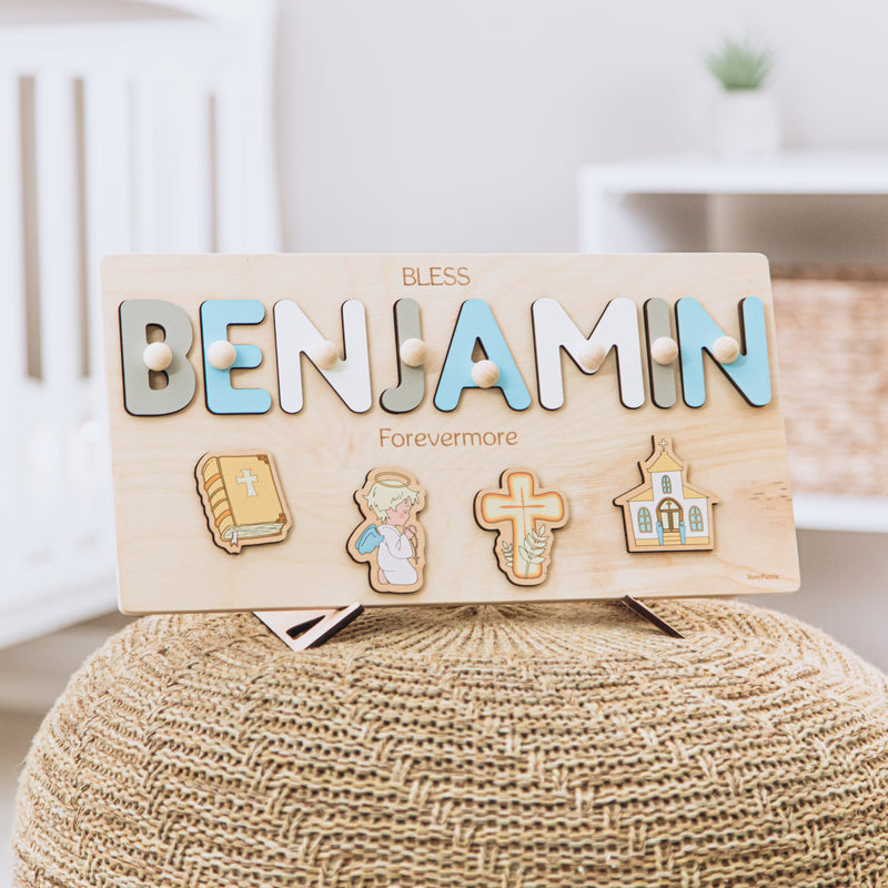 Baby name puzzle for dedication – personalized Christian gift for nursery