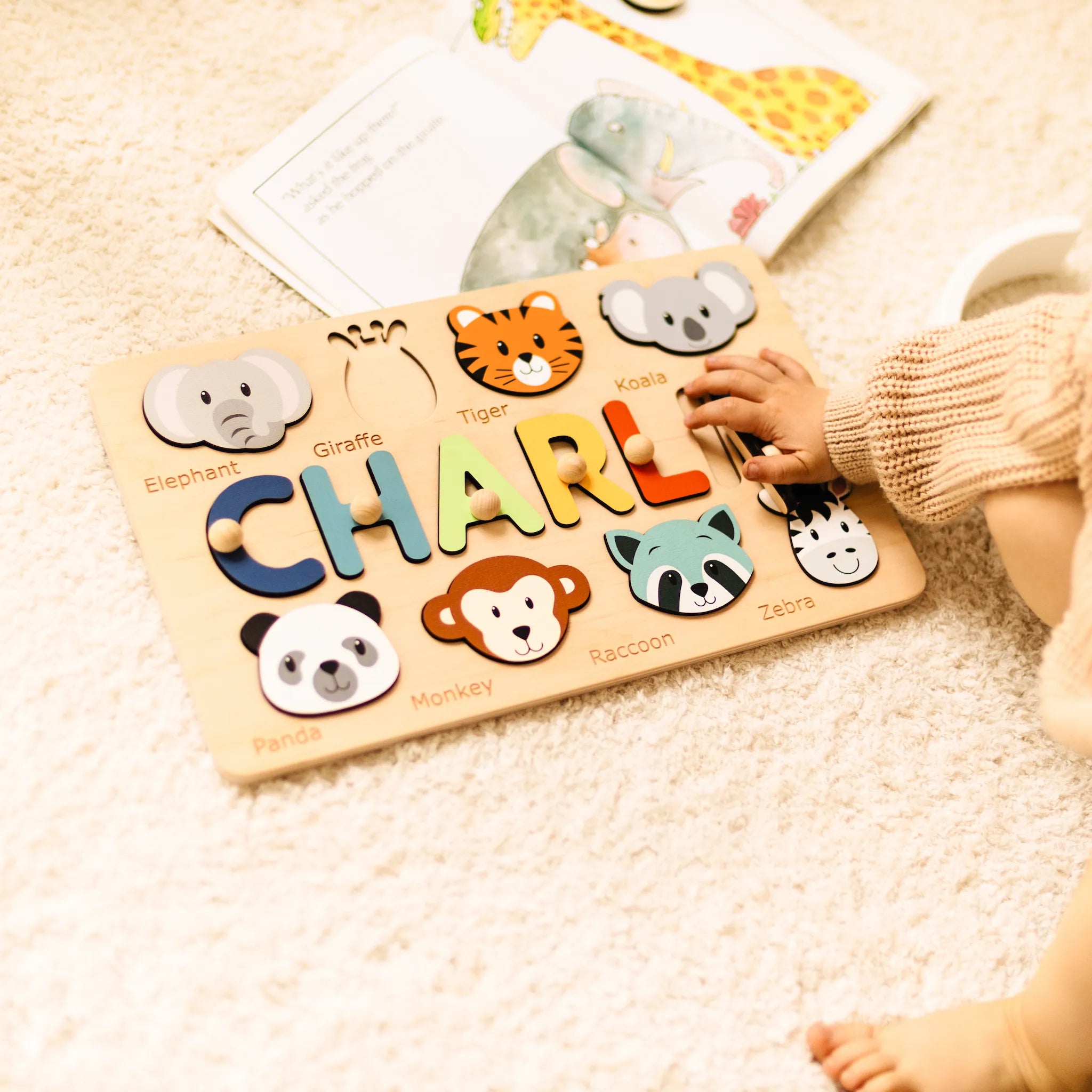 Personalized Wooden Name Puzzle with Animals - Custom Montessori Toddler Gift Wooden Name Puzzles Busypuzzle