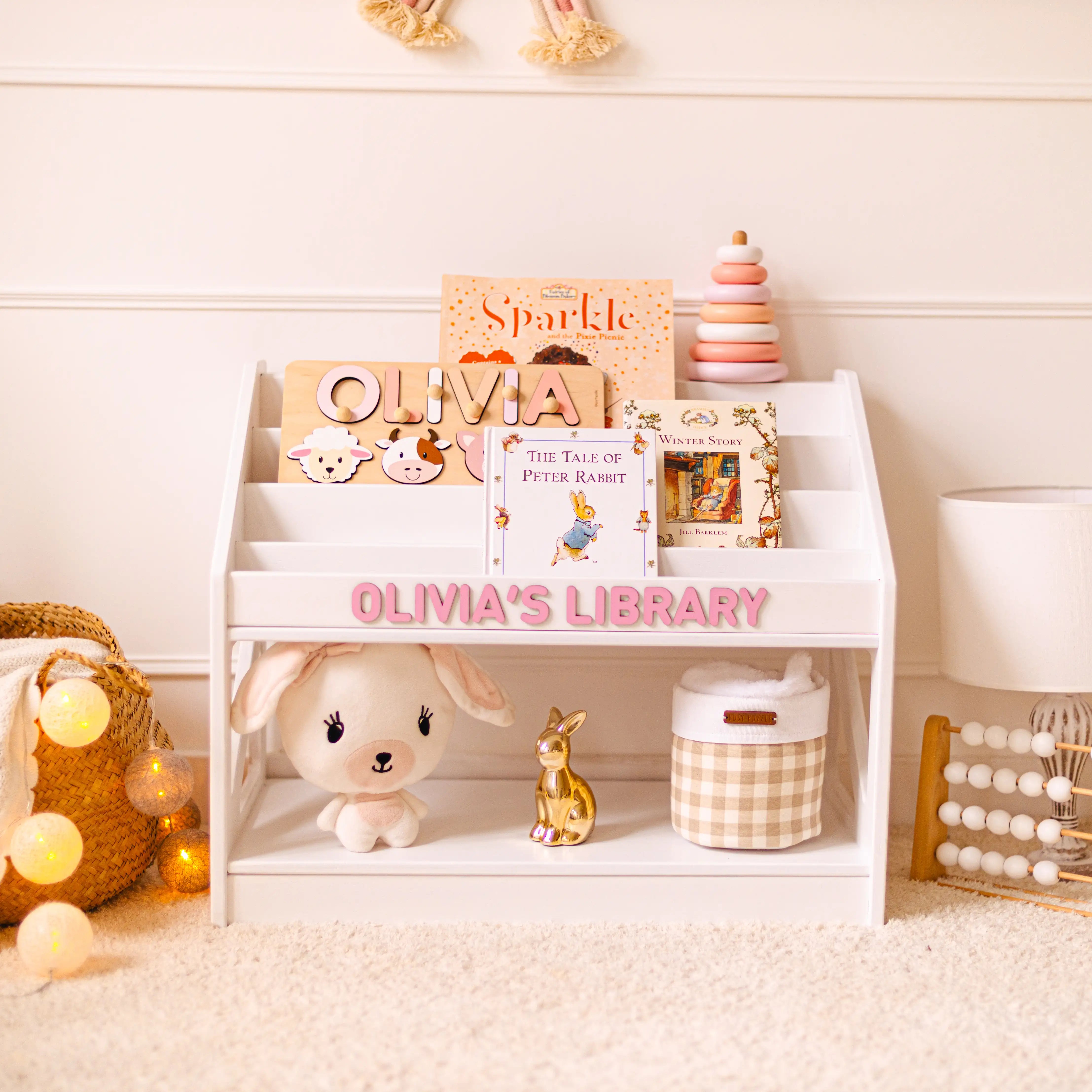 White Wooden Montessori Bookshelf – Custom Kids Book Display Nursery Furniture Busypuzzle