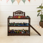 Personalized Dark Wood Toy Car Storage - Custom Garage Playset Nursery Furniture Busypuzzle