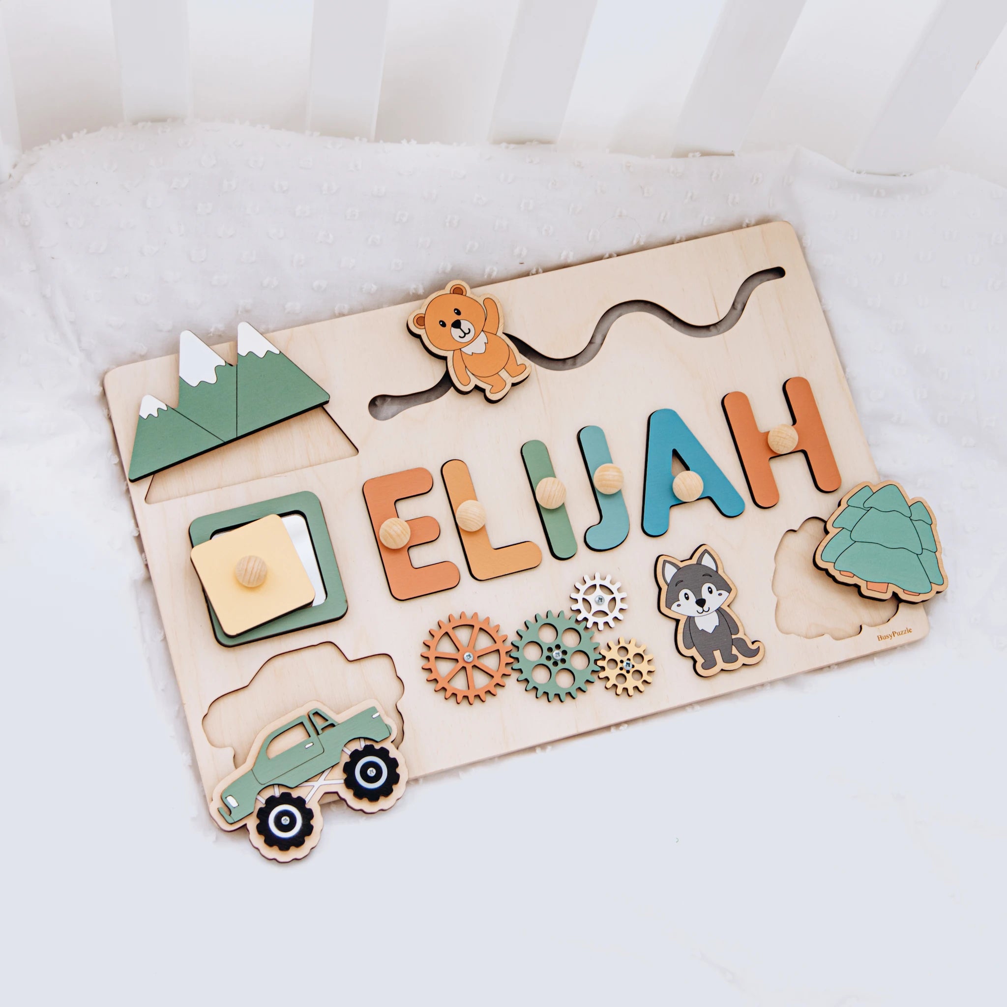 Personalized Themed Busy Board for Toddlers – Dino, & Woodland Wooden Toy Wooden Busy Boards Busypuzzle