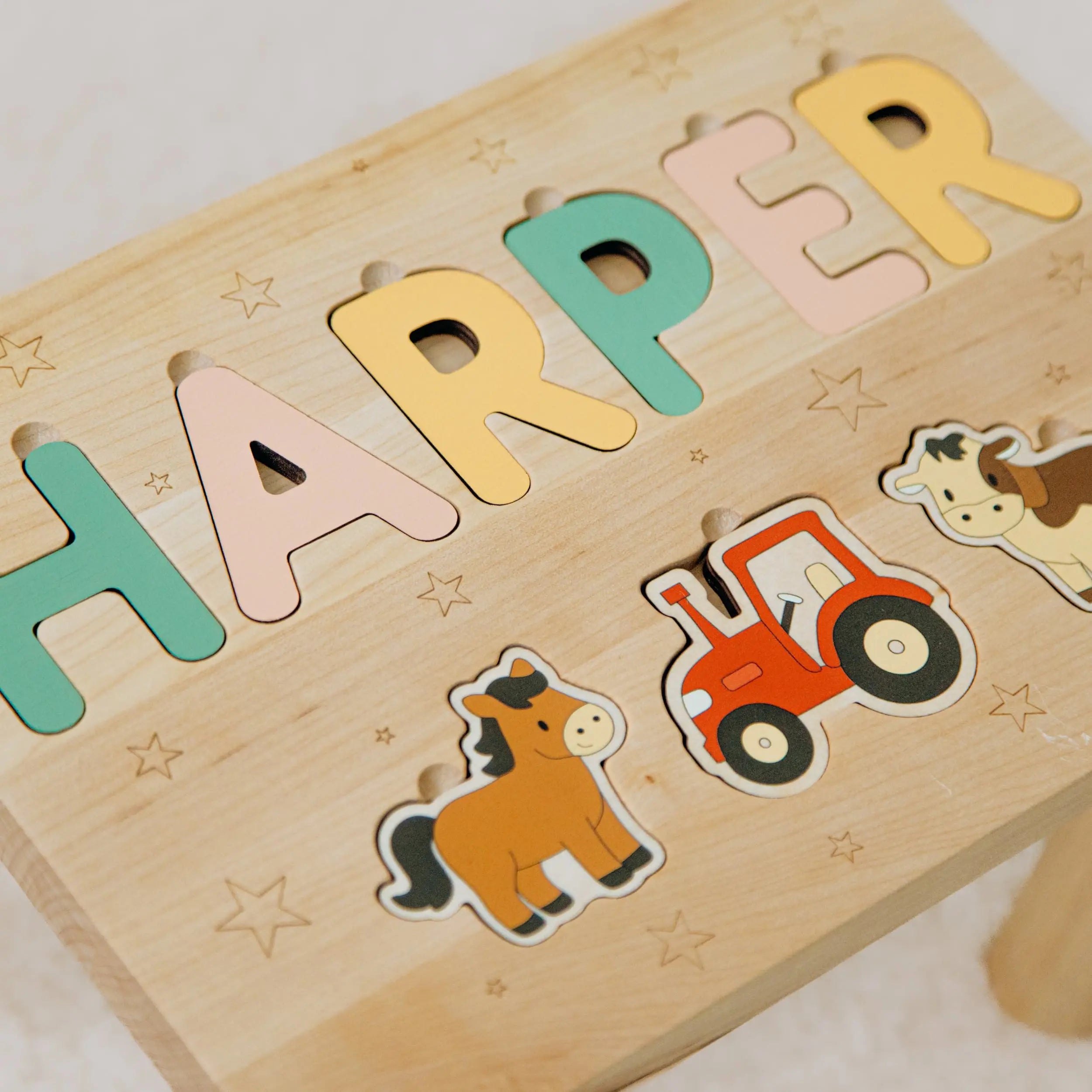 Toddler Step Stool with Name Puzzle – Farm Animal Theme – Montessori Furniture  Busypuzzle
