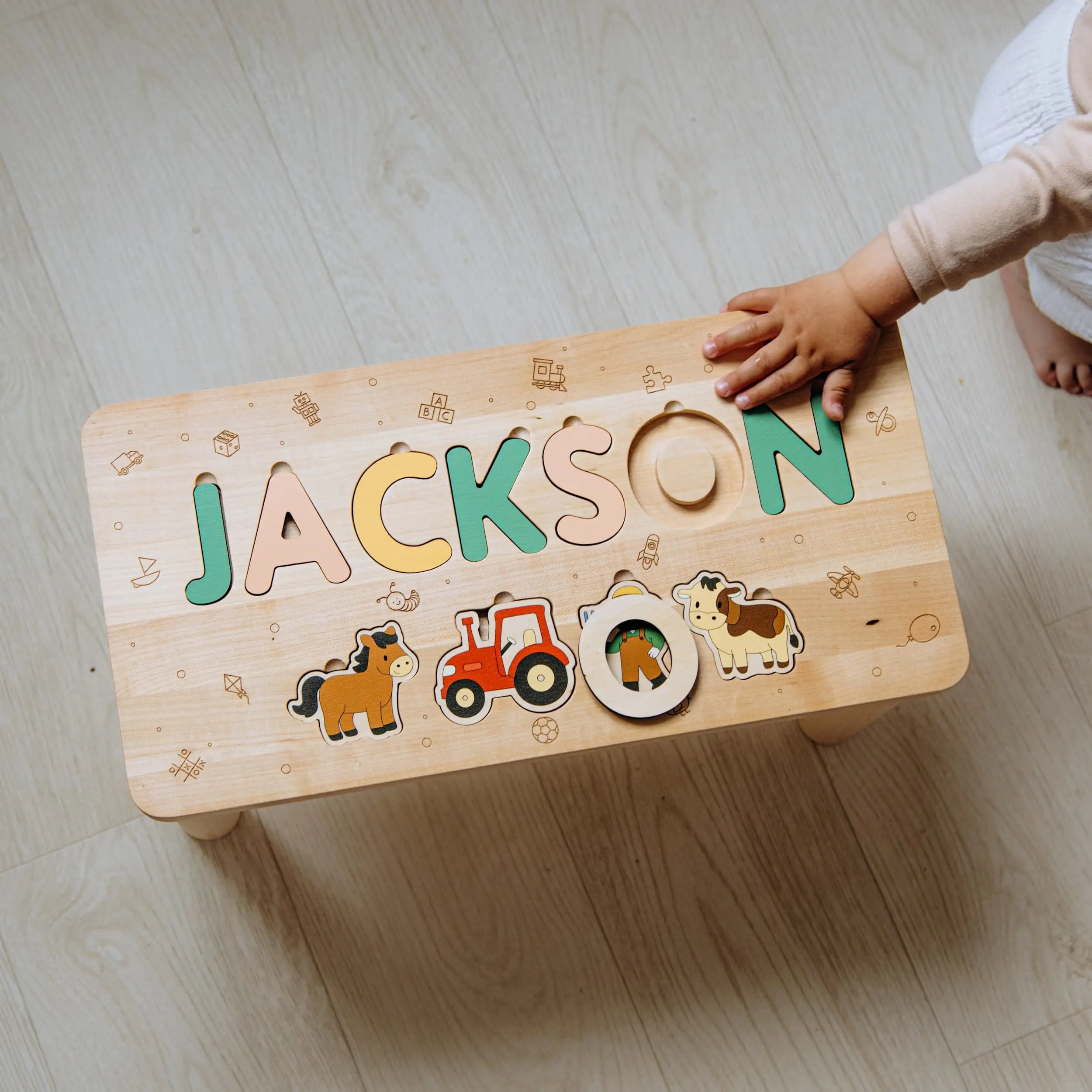 Toddler Step Stool with Name Puzzle – Farm Animal Theme – Montessori Furniture  Busypuzzle