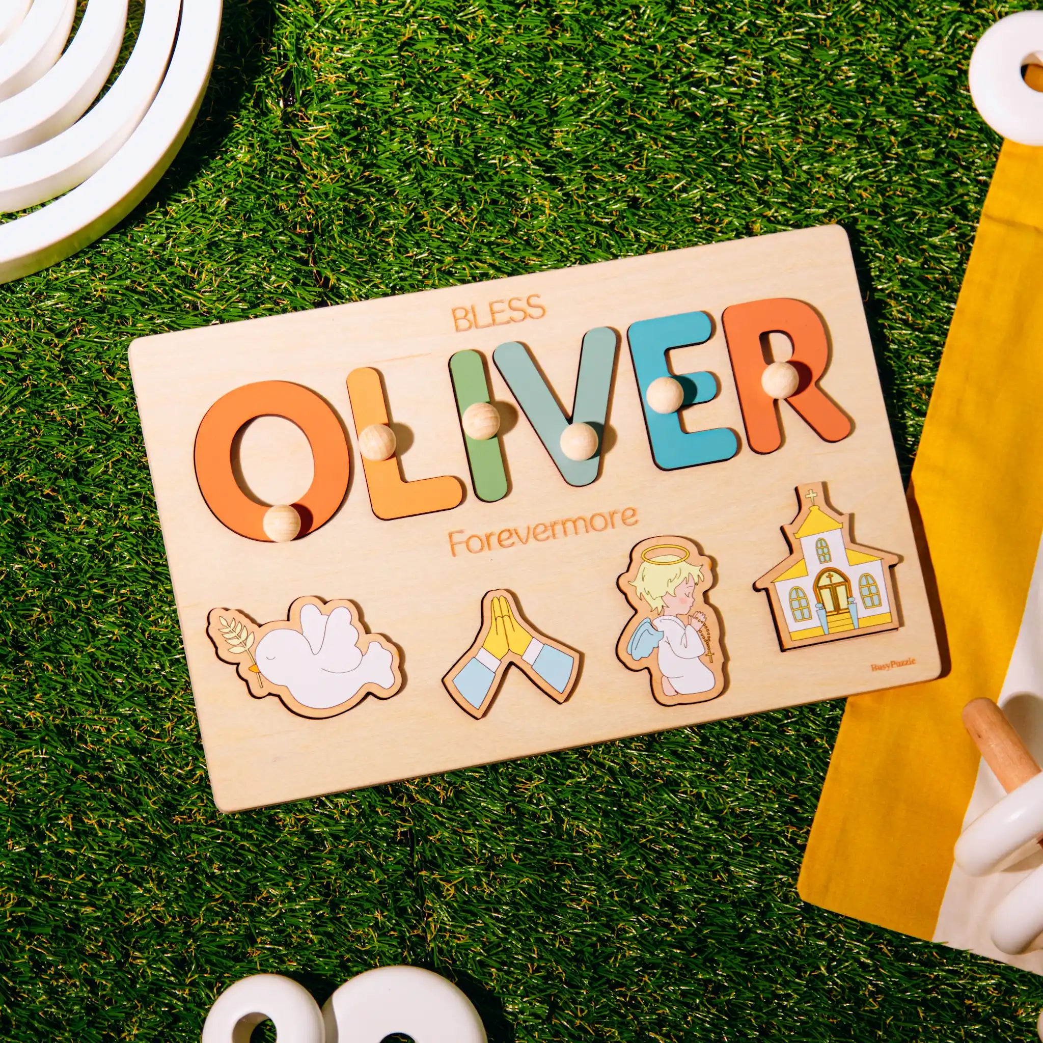 Personalized Baptism Gift for Baby Boy – Custom Wooden Name Puzzle Board with Christian Elements  Busypuzzle
