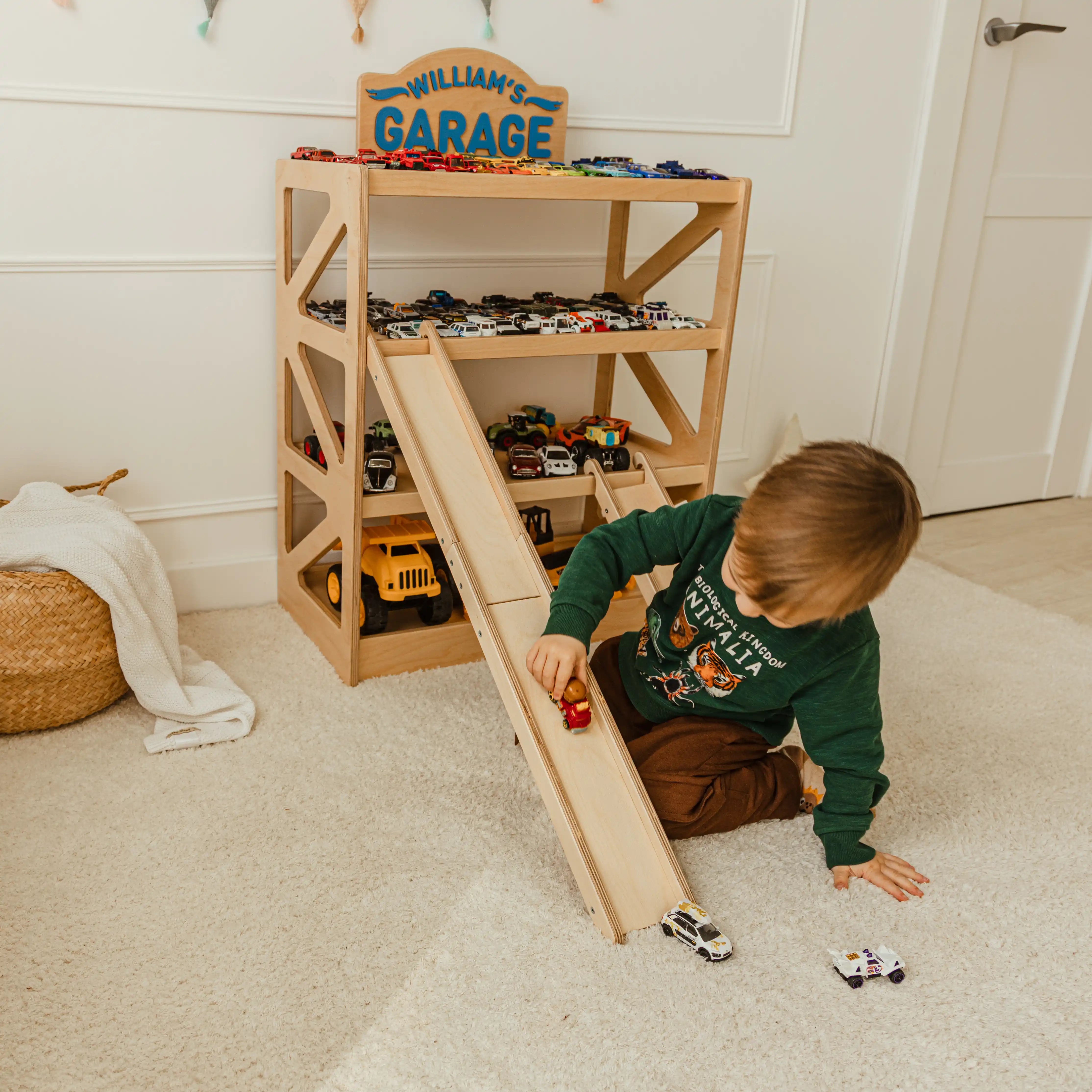 Personalized Wooden Toy Car Garage with Ramps & Storage Shelf Nursery Furniture Busypuzzle