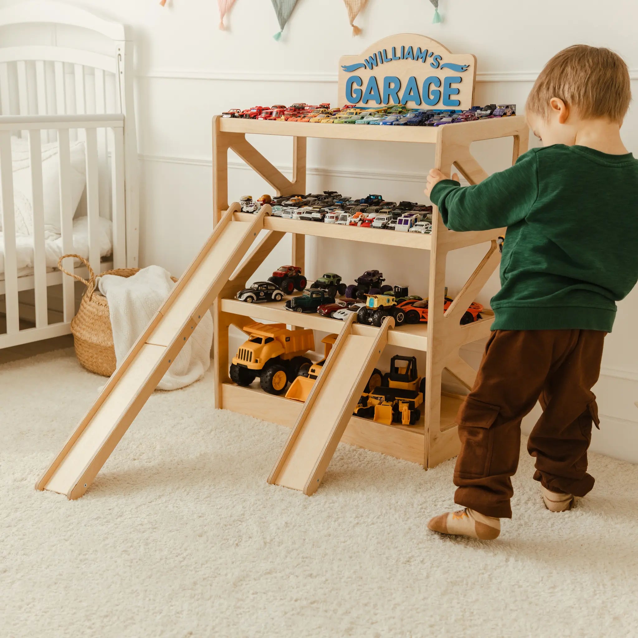 Personalized Wooden Toy Car Garage with Ramps & Storage Shelf Nursery Furniture Busypuzzle