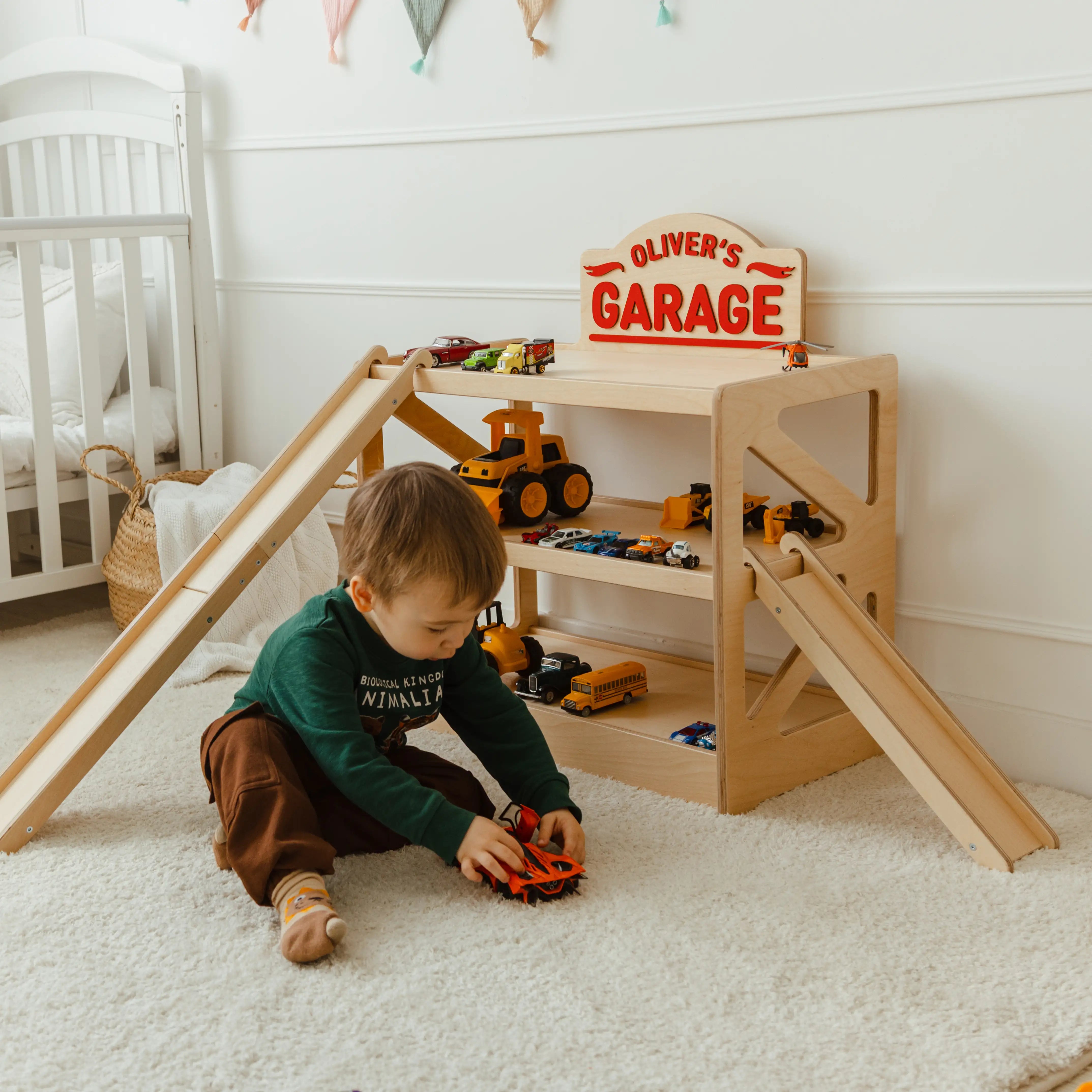 Personalized Wooden Toy Car Garage with Ramps & Storage Shelf Nursery Furniture Busypuzzle