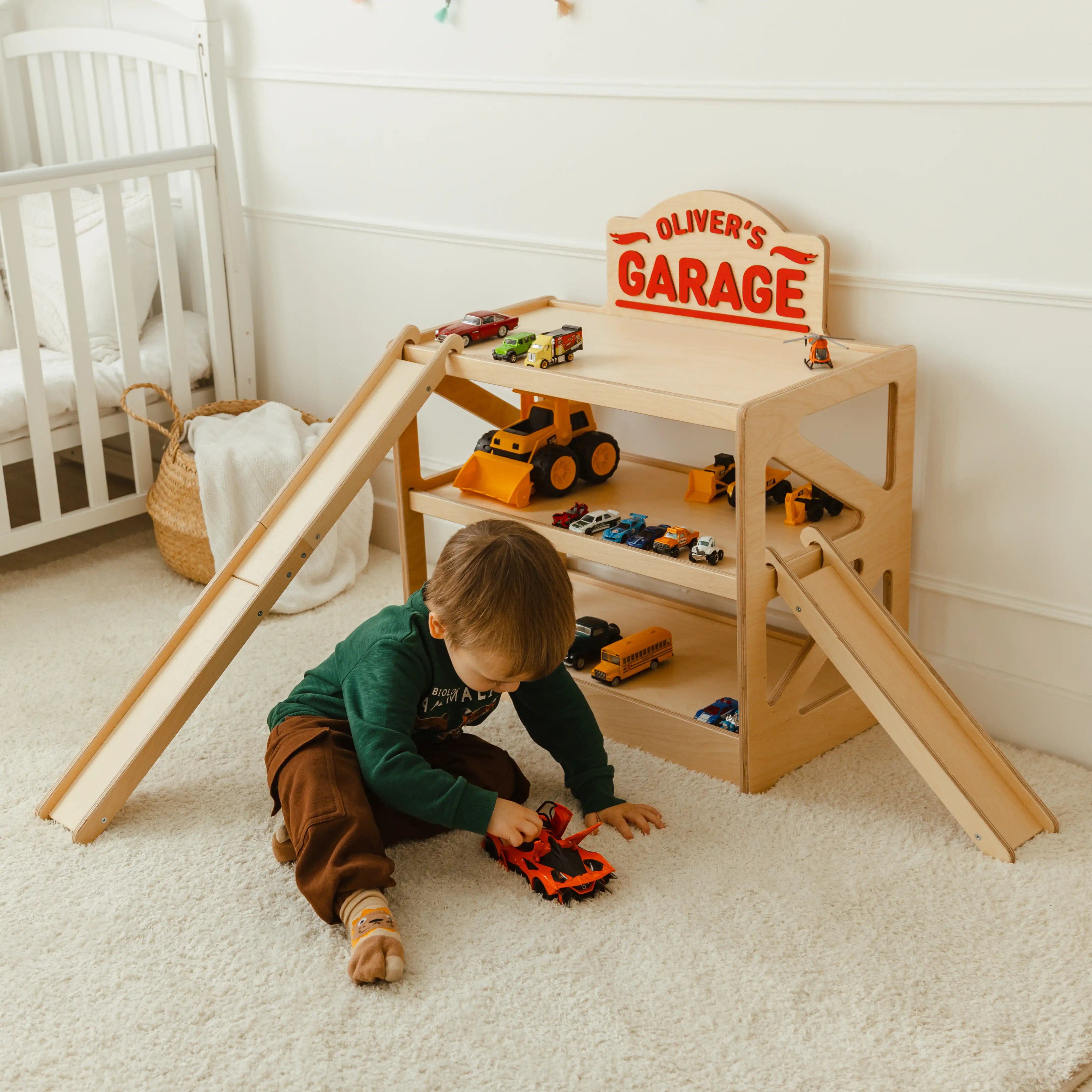 Natural Light Wood Toy Car Garage - Personalized Play Parking Lot Nursery Furniture Busypuzzle