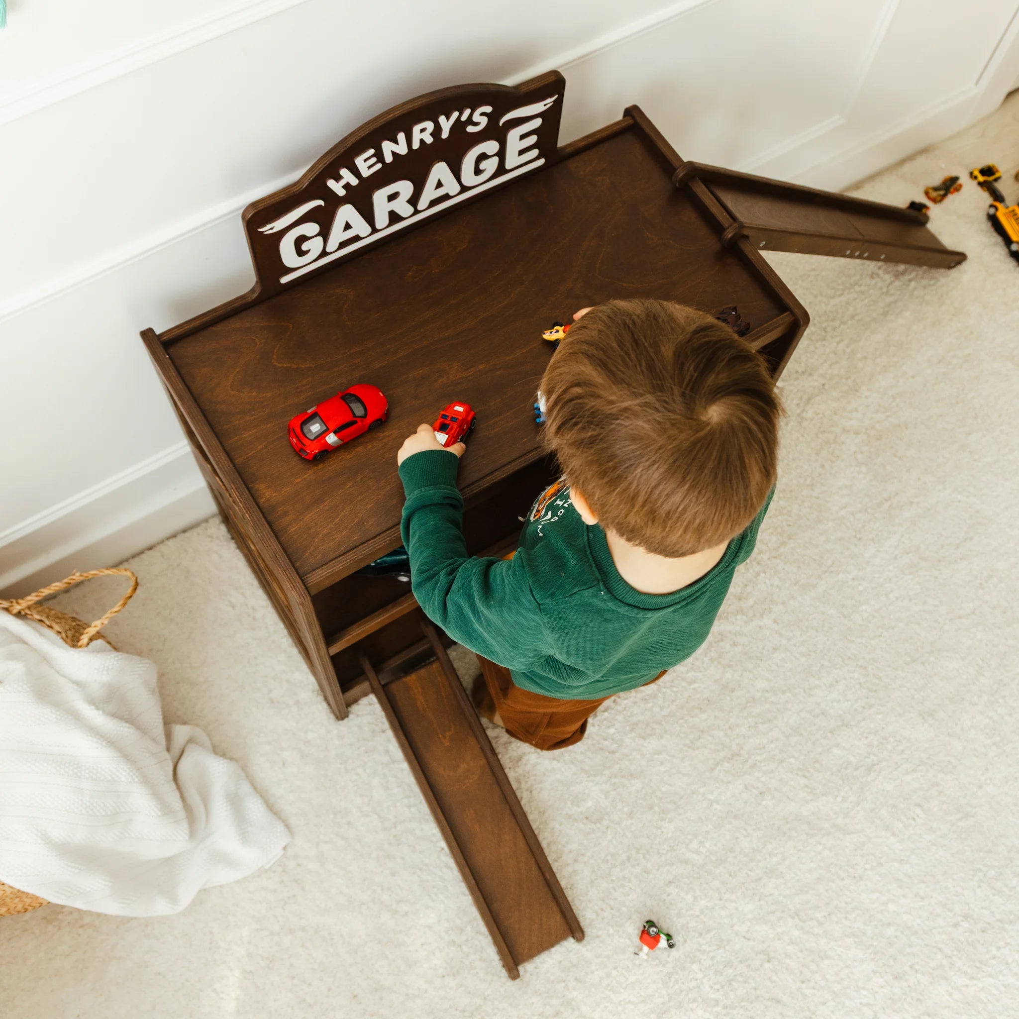 Personalized Dark Wood Toy Car Storage - Custom Garage Playset Nursery Furniture Busypuzzle