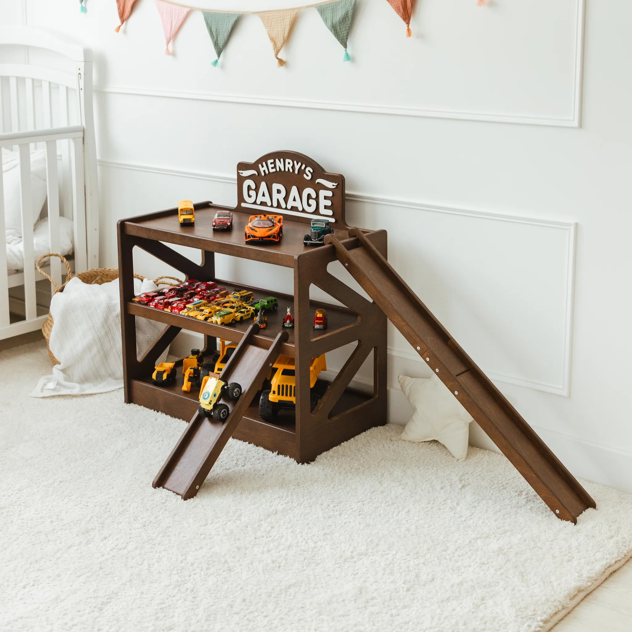 Personalized Dark Wood Toy Car Storage - Custom Garage Playset Nursery Furniture Busypuzzle