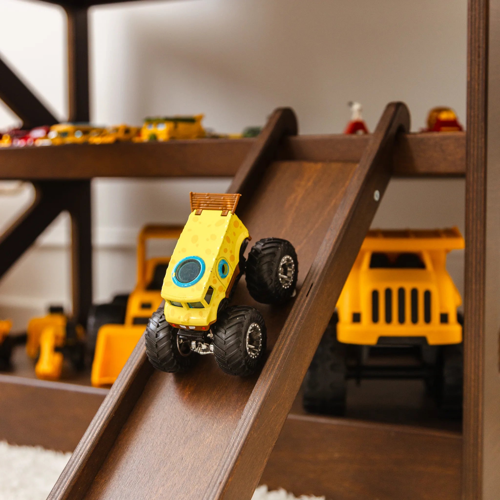 Personalized Dark Wood Toy Car Storage - Custom Garage Playset Nursery Furniture Busypuzzle