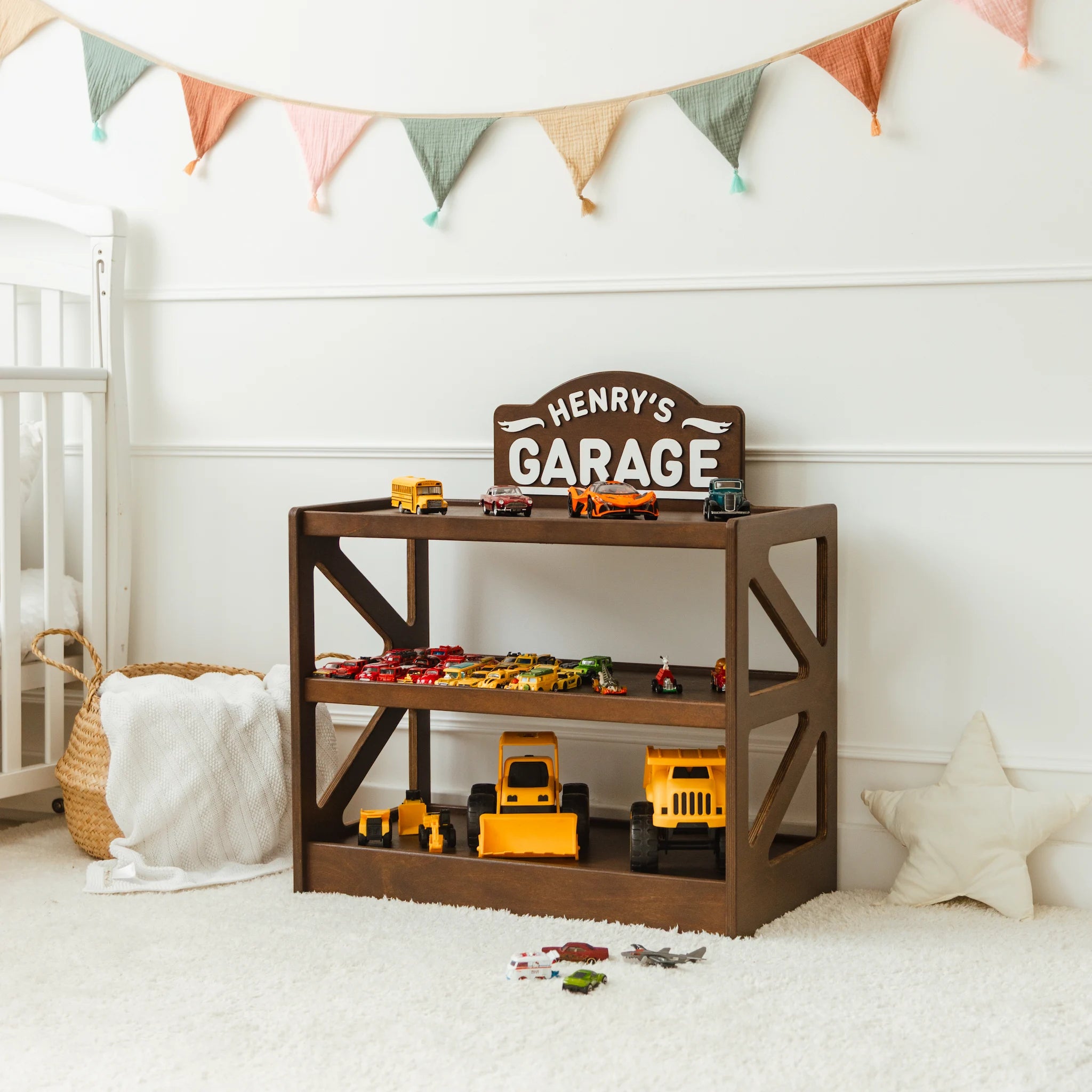 Personalized Dark Wood Toy Car Storage - Custom Garage Playset Nursery Furniture Busypuzzle
