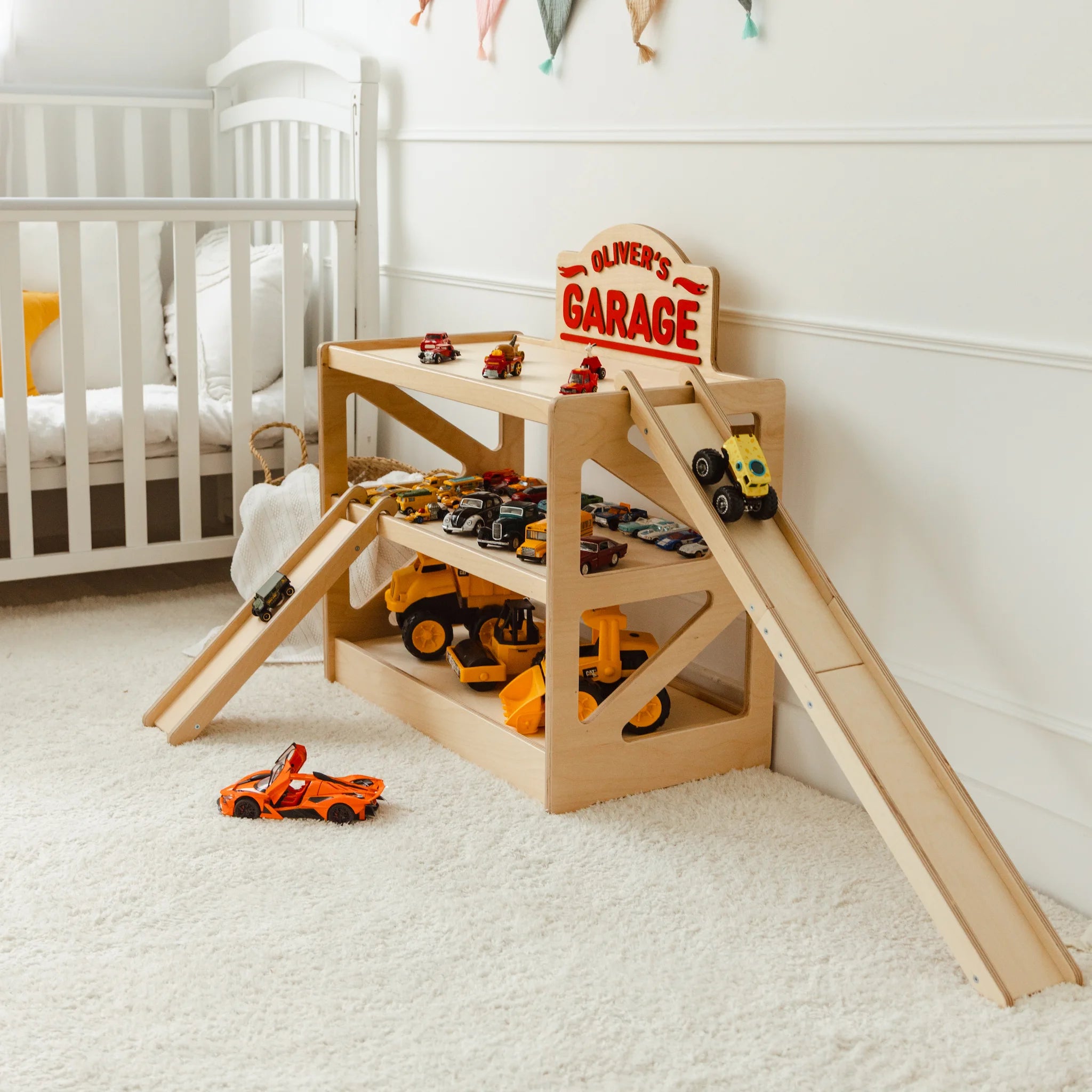 Personalized Wooden Toy Car Garage with Ramps & Storage Shelf Nursery Furniture Busypuzzle