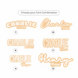 Font combination options for 'Charlie Rose' and 'Henry Rose' with size labels on a white background.