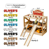 Infographic showing eight name color options and two add-on ramps for a personalized toy car garage