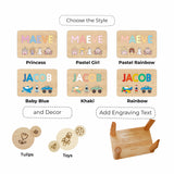 Personalized name puzzle stool with different styles and designs for children.