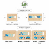 Wooden name puzzle stools with size options and design choices on a white background.