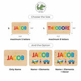 Wooden name puzzle stool with colorful letters and size options on a white background