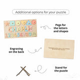 Wooden name puzzle with numbers and shapes with pegs, stand, and engraving on a white background